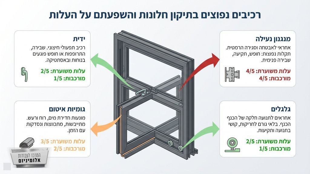 חלקי חילוף ורכיבי אלומיניום מונחים על שולחן עבודה