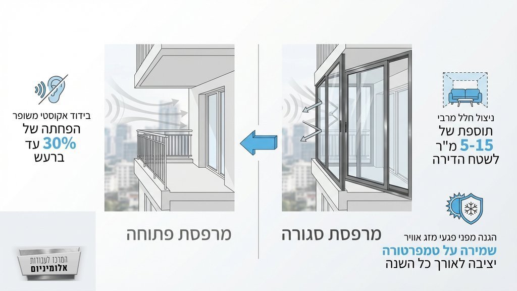 מרפסת סגורה ומעוצבת עם חלונות אלומיניום גדולים בתל אביב