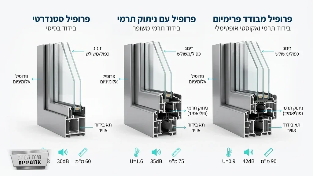 תצוגה של פרופילי אלומיניום שונים לחלונות