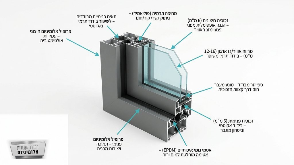 חתך מקצועי של פרופיל חלון אלומיניום מודרני המציג את הזכוכית והבידוד