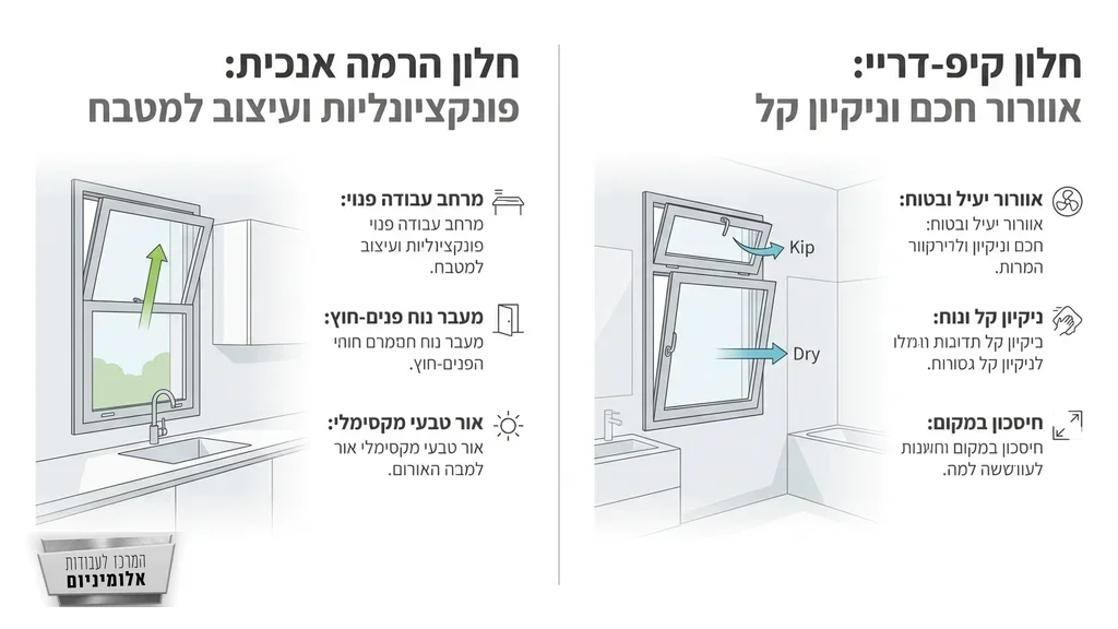 נוצר על ידי מודל בינה מלאכותית Gemini Pro חלון הרמה מאלומיניום מותקן מעל כיור במטבח מעוצב